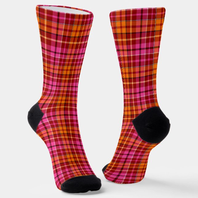 Rot Pink Orange Karo Tartan Design  Socken (Gewinkelt)