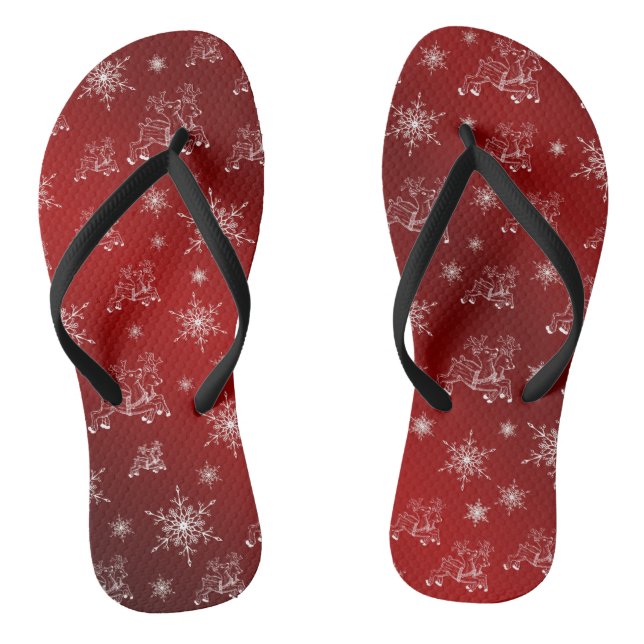 Rot, Rentiere, Stern, Sterne, Schneeflocke, Weihna Flip Flops (Fußbett)
