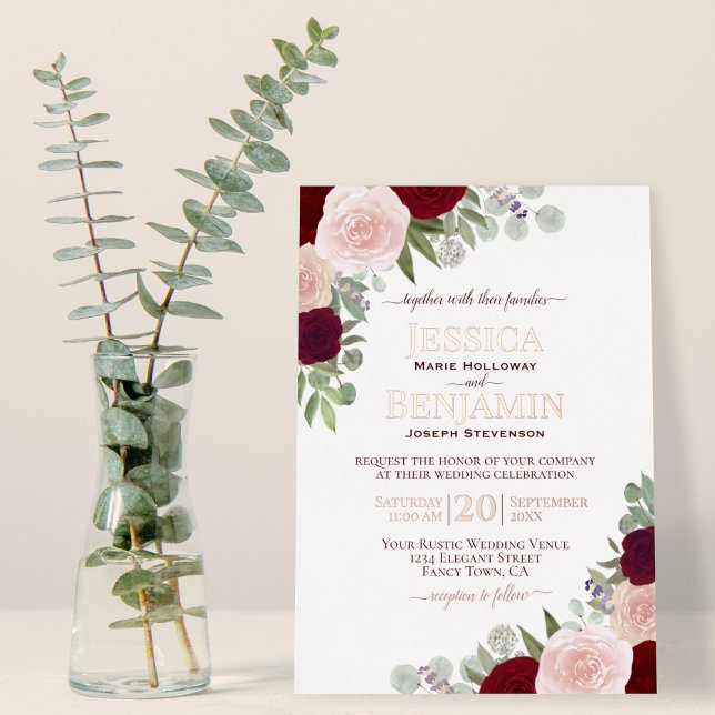 Rot-Rosa-Blüte mit Rose-Gold-Hochzeit Folieneinladung (Real Foil Text Highlights!)