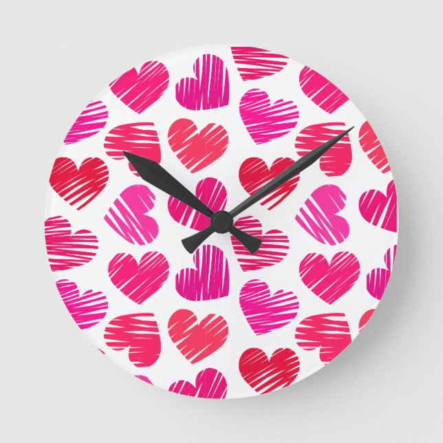 Rot-rosa-doodled Liebe Herz Runde Wanduhr (Vorderseite)
