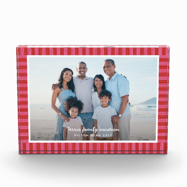 Rot rosa gestreifter Rahmen mit individuellem Text Fotoblock (Vorderseite)