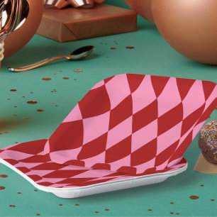 Rot Rosa Harlekin Karomuster Design Pappteller