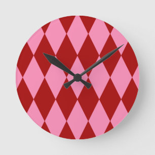 Rot Rosa Harlekin Karomuster Design  Runde Wanduhr