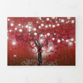 Rot-Rosa-Heart-Leaf-Tree auf Schwarzer Hochzeit Dreifach Gefaltete Einladung