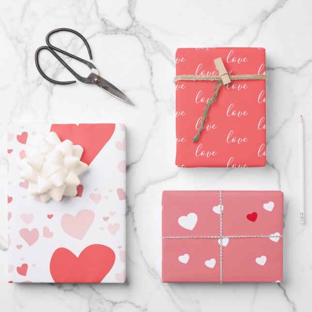 Rot, Rosa, Liebe, Herz-Valentine Geschenkpapier Set (Vorderseite)