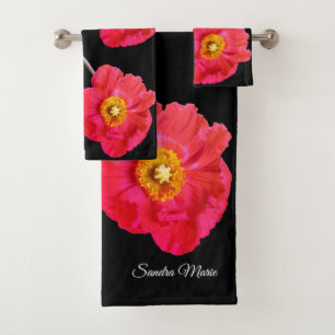 Rot rosa Moderne Poppies Mohnblüte Blume Schwarzes Badhandtuch Set