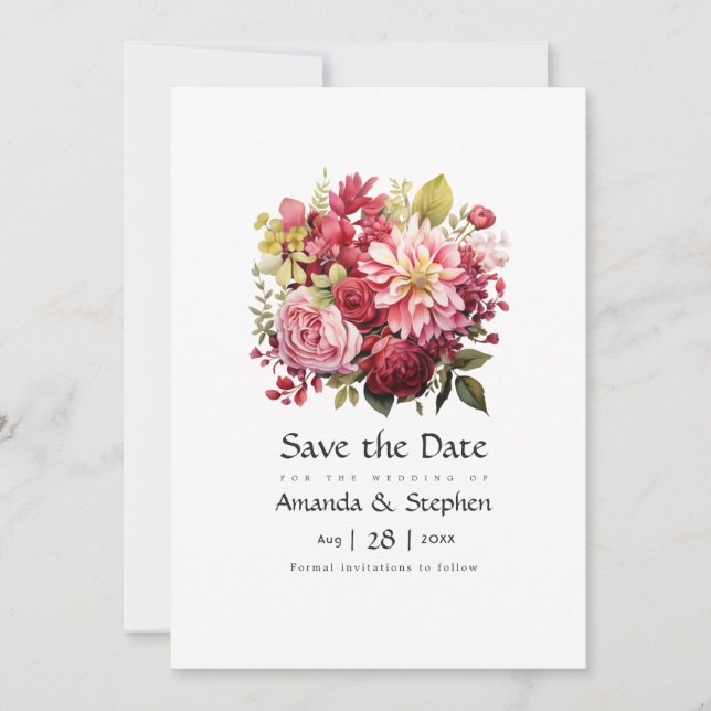 Rot, Rosa und Grüne Blumenhochzeit Save The Date (Vorderseite)
