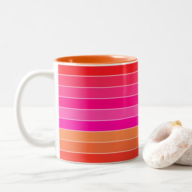 Rot, Rosa und Orange Streifen Zweifarbige Tasse (Mit Donut)