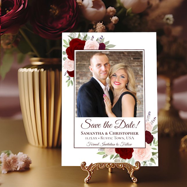 Rot & Rosa Wasserfarbe Boho Rose & Foto Hochzeit Save The Date (Von Creator hochgeladen)