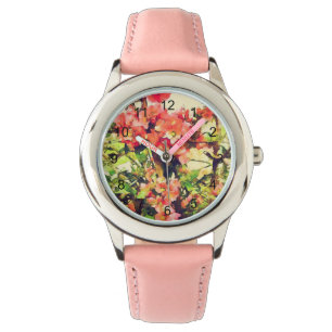 Rot Rosa Wasserfarben Blumenmuster 1 Armbanduhr