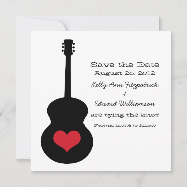 Rot/Schwarz Gitarrenherz Save the Date einladen (Vorderseite)