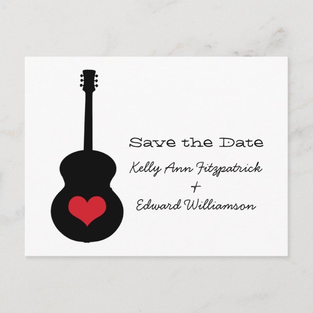 Rot/Schwarz Gitarrenherz Save the Date Postkarte (Vorderseite)
