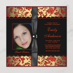 Rot Schwarz Gold Damast Foto Sweet 16 Party Einladung