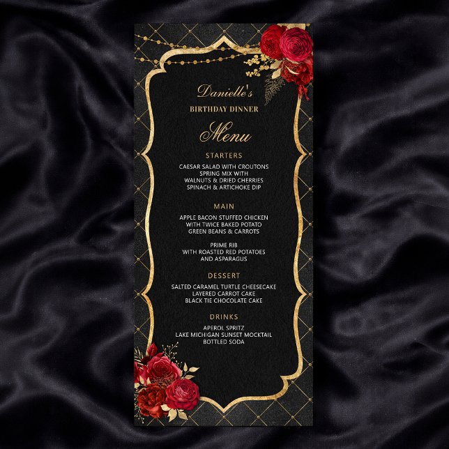 Rot-Schwarz-Gold-Geburtstags-Menü (Red Black and Gold Birthday Dinner Menu
)