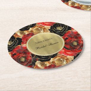 Rot Schwarz Gold Glamour Floral Brautparty Runder Pappuntersetzer