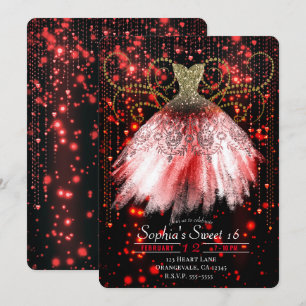 Rot Schwarz Gold Glitter Kleid Sweet 16 Party Einladung