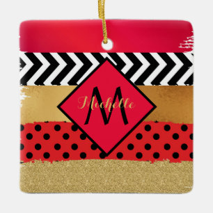 Rot Schwarz Gold Glitter Pinselstrich Monogrammier Keramikornament