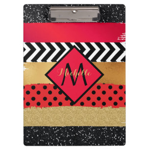 Rot Schwarz Gold Glitter Pinselstrich Monogrammier Klemmbrett