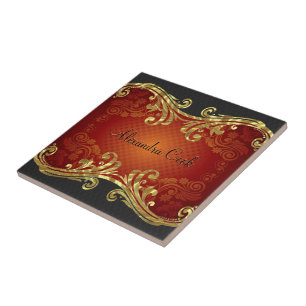 Rot-Schwarz-Gold-Töne Vintage-Schwünge 2-Monogramm Fliese