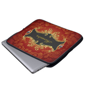 Rot-Schwarz-Gold-Töne Vintage-Wirbel-Monogramm Laptopschutzhülle