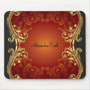 Rot-Schwarz-Gold-Töne Vintage-Wirbel-Monogramm Mousepad