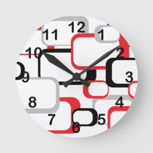 Rot Schwarz Grau Weiß Retro-Quadrate-Muster Runde Wanduhr