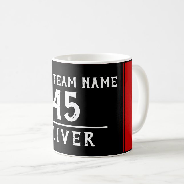 Rot Schwarz mit Teamname Nummer Kaffeetasse (VorderseiteRechts)