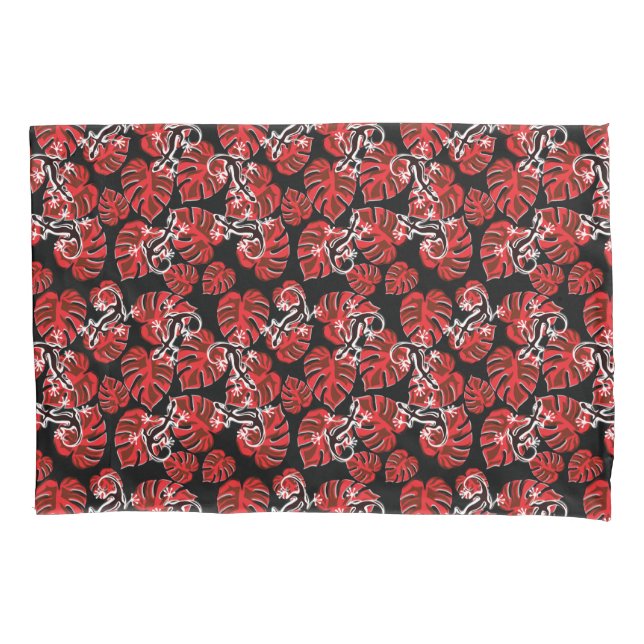 Rot-Schwarz-Muster - Geckos und Blätter Kissenbezug (Vorderseite)