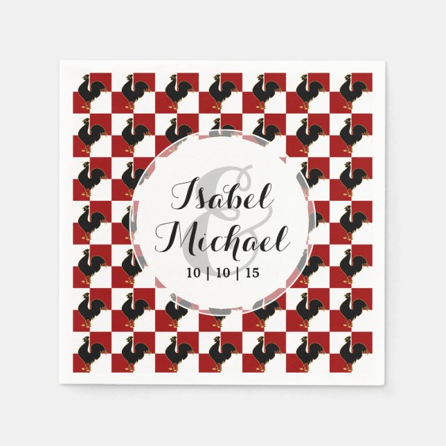 Rot-Schwarz-Rooster-Hühnermuster Serviette (Vorderseite)