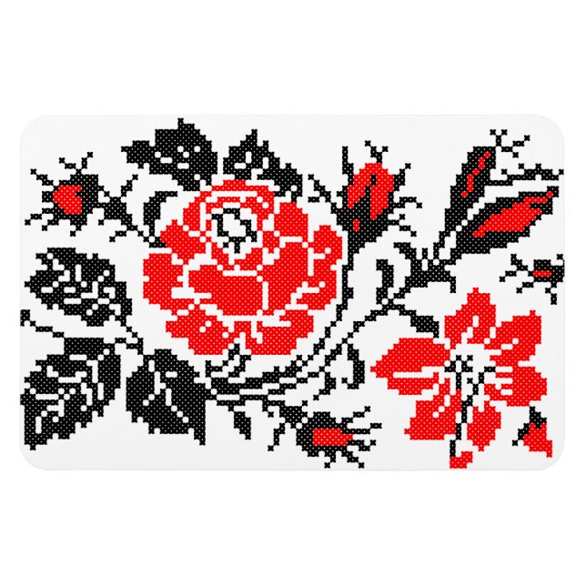 Rot/Schwarz Rose Kreuzstich Russisches Muster Magnet (Horizontal)