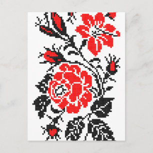 Rot/Schwarz Rose Kreuzstich Russisches Muster Postkarte