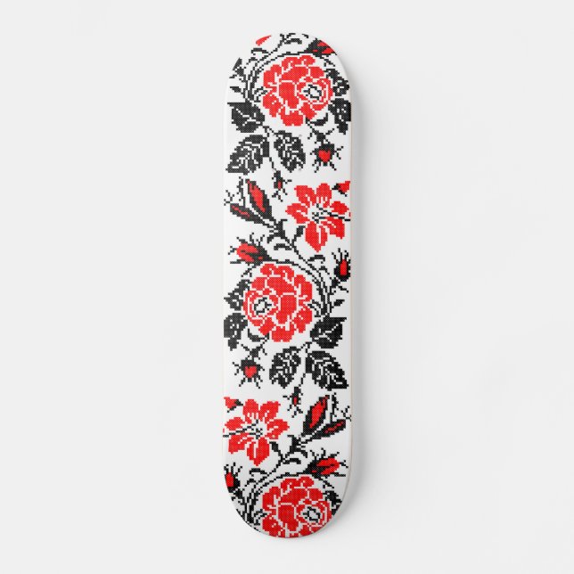 Rot/Schwarz Rose Kreuzstich Russisches Muster Skateboard (Vorderseite)