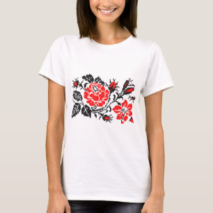 Rot/Schwarz Rose Kreuzstich Russisches Muster T-Shirt