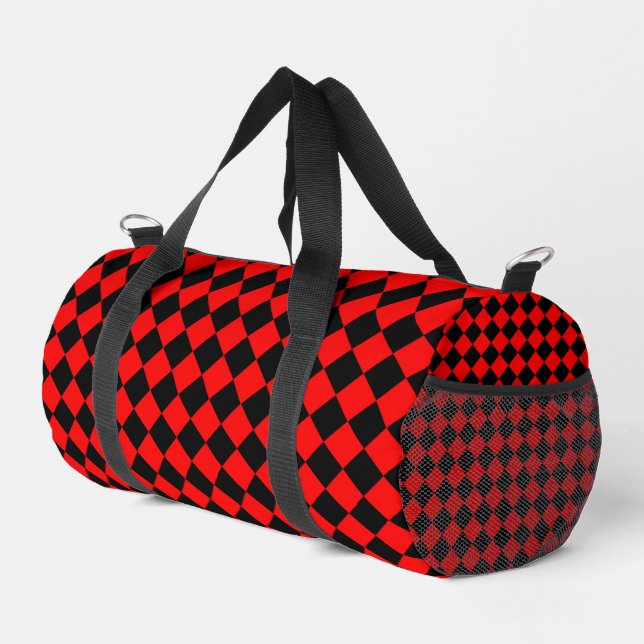 Rot-Schwarz-Schachbrett-Diamantmuster Klein Duffle Bag (Rechte Ecke)
