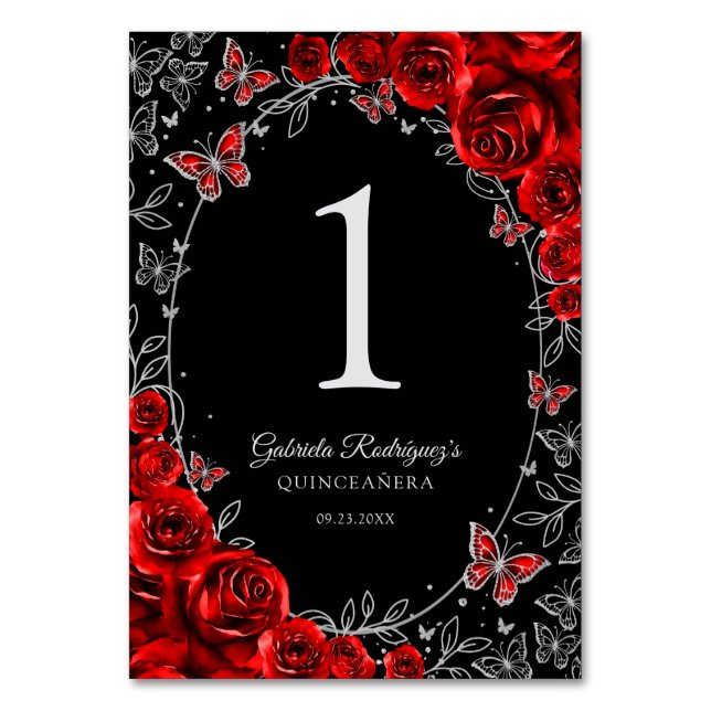 Rot Schwarz Silber Quinceanera Tischnummer (Vorderseite)