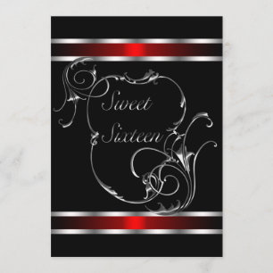 Rot Schwarz Silber Wirbel Elegant Sweet Sixteen Einladung