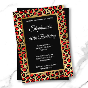 Rot Schwarz und Gold Leopard Glam 40. Geburtstag Einladung