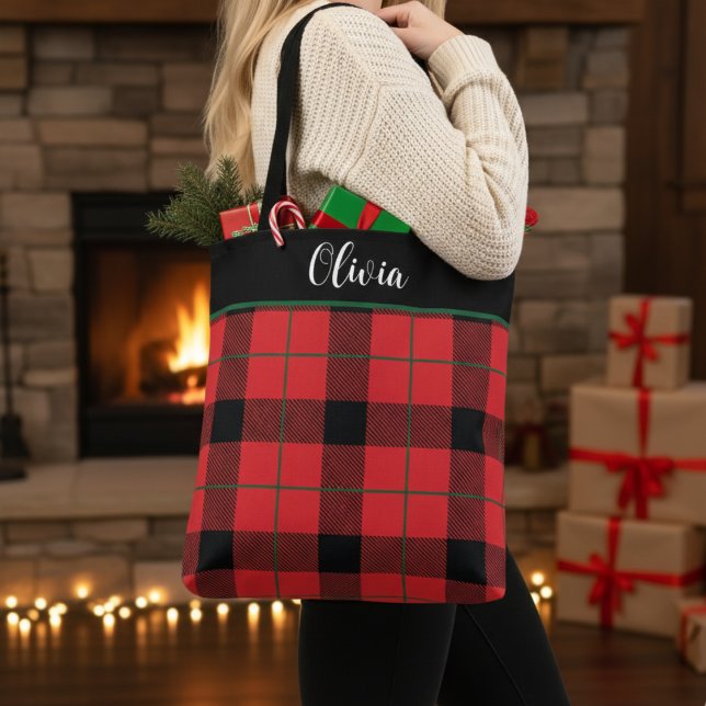 Rot, Schwarz und Grün - Karierte Gewohnheit (Red, Black and Green Christmas Plaid Custom Tote Bag - Just Add Your Name!)