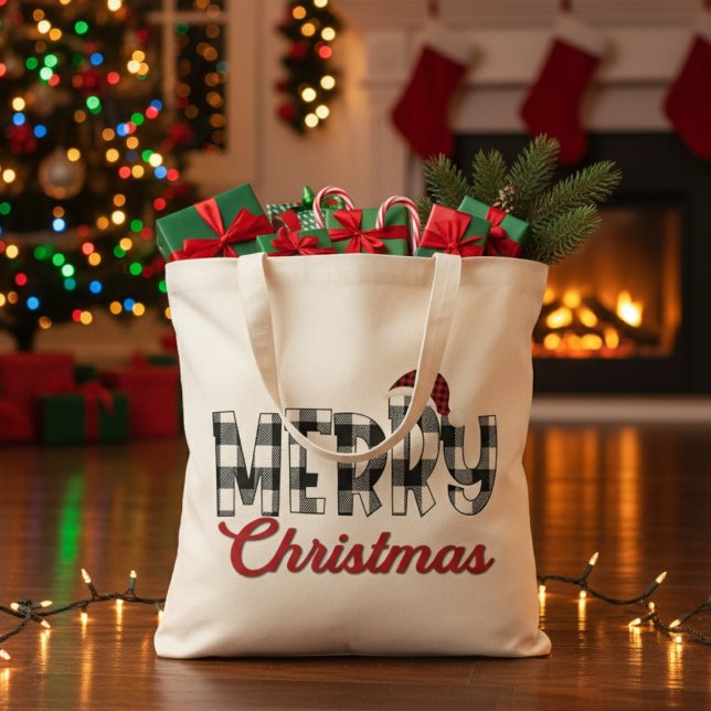 Rot, Schwarz und Weiß Buffalo Kariert Frohe Weihna Tragetasche (Red, Black and White Buffalo Plaid Merry Christmas Tote Bag)
