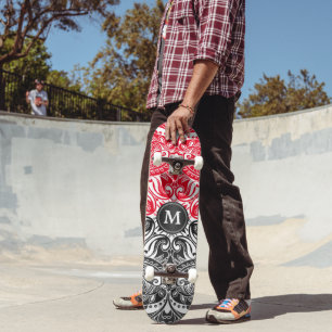 Rot, Schwarz und Weiß Mandala - Monogramm Skateboard