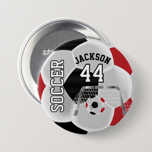 Rot, Schwarz und Weiß personalisieren Fußball Button (Vorne & Hinten)