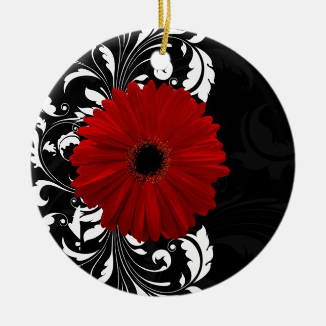 Rot, Schwarz und Weiß Scroll Gerbera Daisy Keramik Ornament (Vorne)