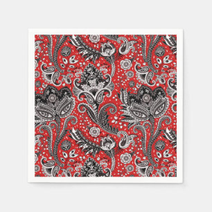 Rot Schwarz & Weiß Blumen Paisley Bohemian Boho Serviette