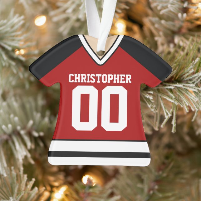 Rot/Schwarz/Weiß Hockey Jersey Ornament (Baum)
