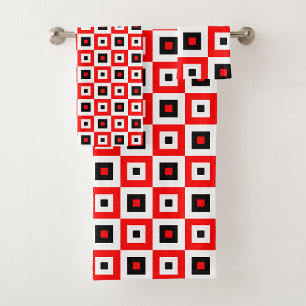 Rot-Schwarz-Weiß kariertes Quadratmuster-Design Badhandtuch Set