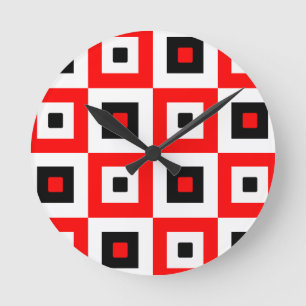Rot-Schwarz-Weiß kariertes Quadratmuster Design Runde Wanduhr