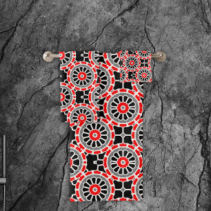 Rot-Schwarz-Weiß- und Grau-Mosaik-Geometrisches Mu Badhandtuch Set