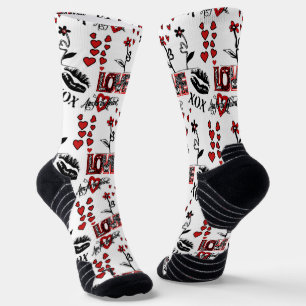 Rot Schwarz Weiß Valentinstag-Motiv Socken