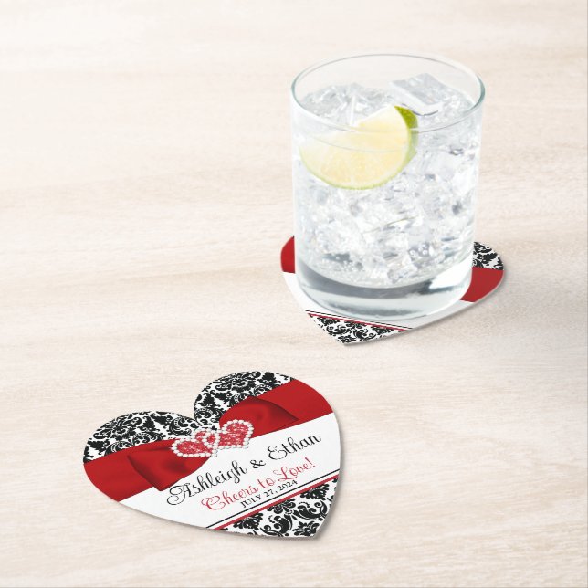 Rot, Schwarz, Weiße Damaske Liebe Herz Hochzeit Untersetzer (Vor Ort)