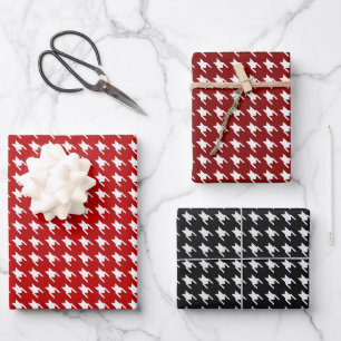 Rot & Schwarz Weißer Houndstooth Geschenkpapier Set